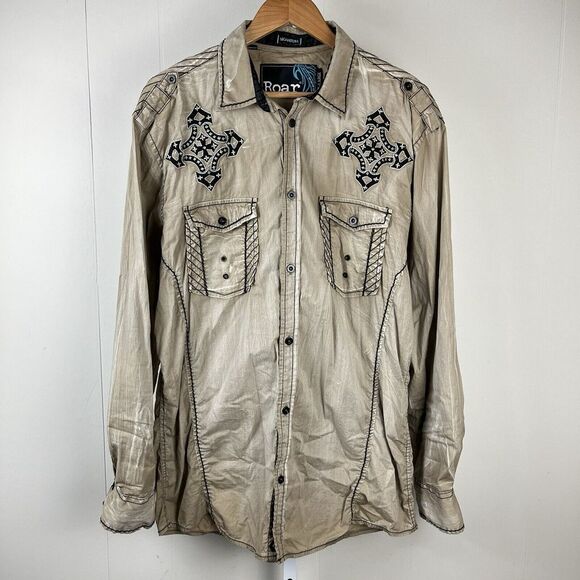 Roar Signature Torch Shirt Tan Embroidered Button‎ Up Long Sleeve Y2K Mens XL - Picture 1 of 8